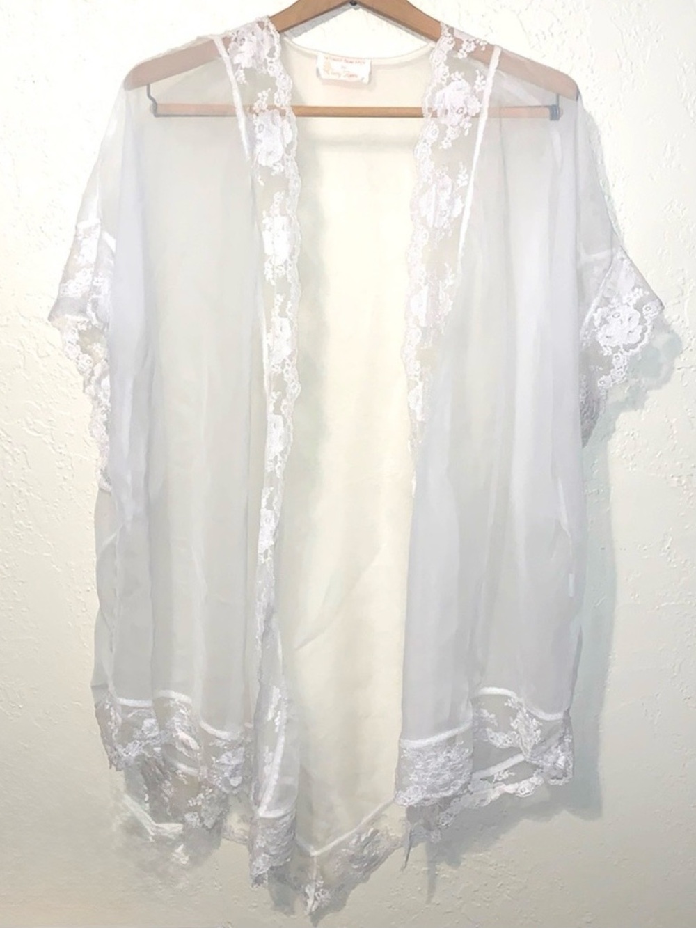 Vintage 80s Sheer White Lace Kimono Robe Cover Up Intimate Concepts M L
